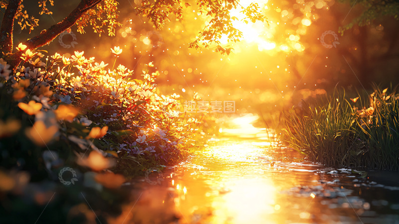 高清大图下载【趣麦麦图】金色阳光下的溪流