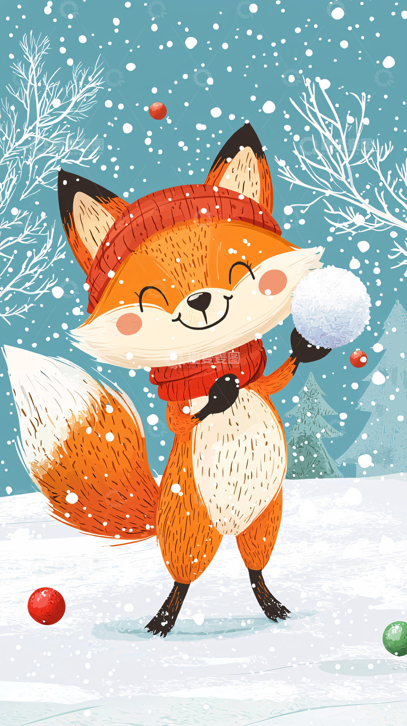高清大图下载【趣麦麦图】戴帽子的狐狸玩雪球