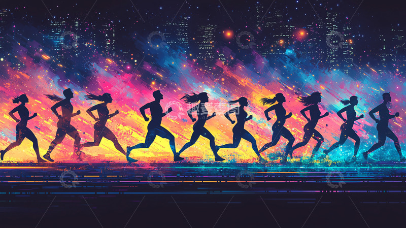高清大图下载【趣麦麦图】夜晚彩色背景下奔跑的人群