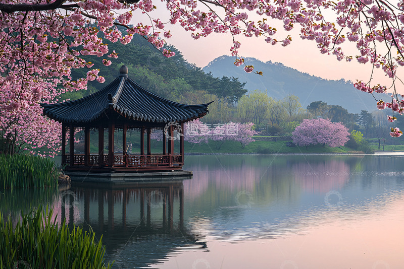 高清大图下载【趣麦麦图】湖边凉亭与盛开的樱花