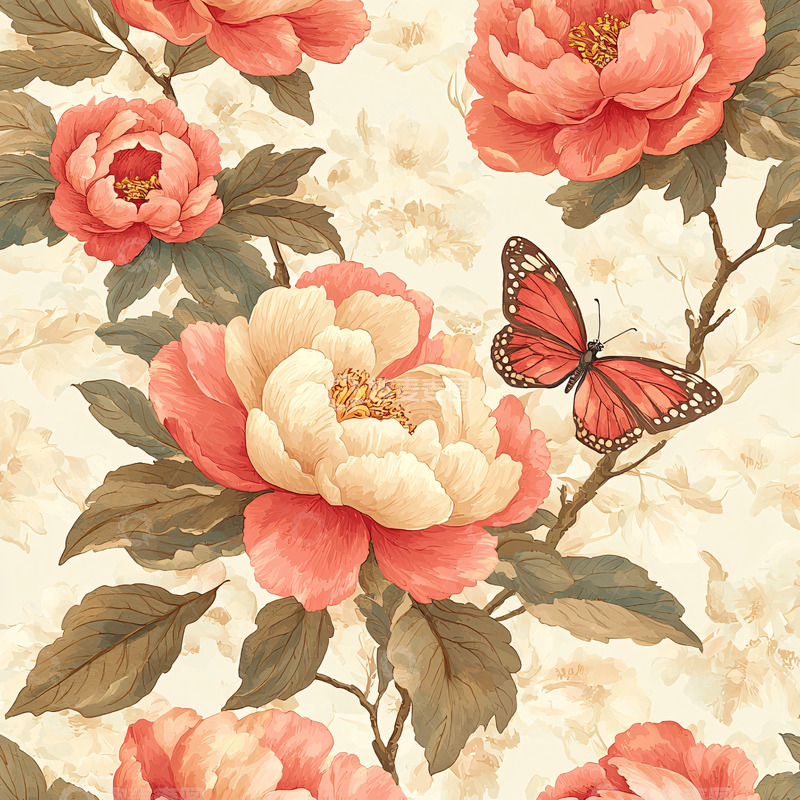 高清大图下载【趣麦麦图】粉色牡丹蝴蝶复古花纹