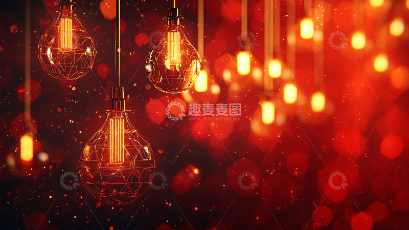 高清大图下载【趣麦麦图】红色背景下悬挂的复古灯泡