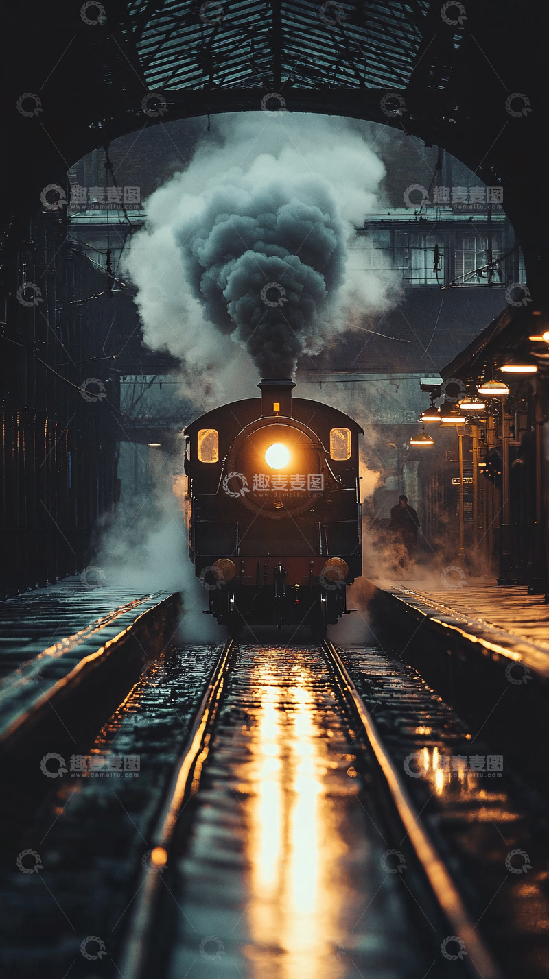 高清大图下载【趣麦麦图】蒸汽火车站台夜景