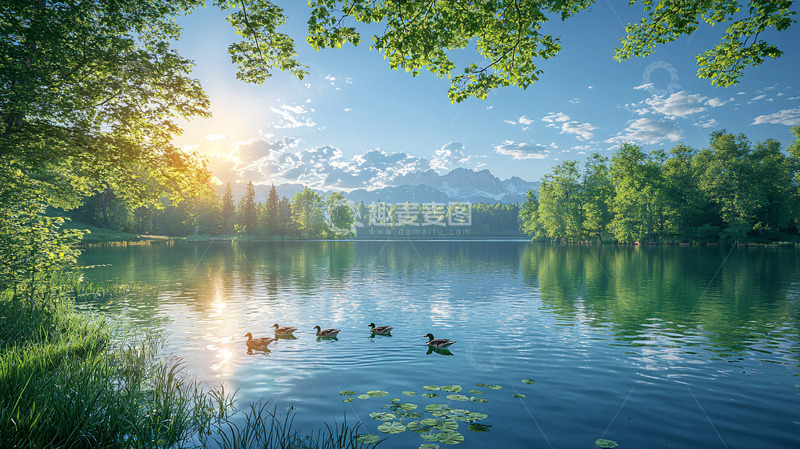 高清大图下载【趣麦麦图】清晨湖泊阳光山峦