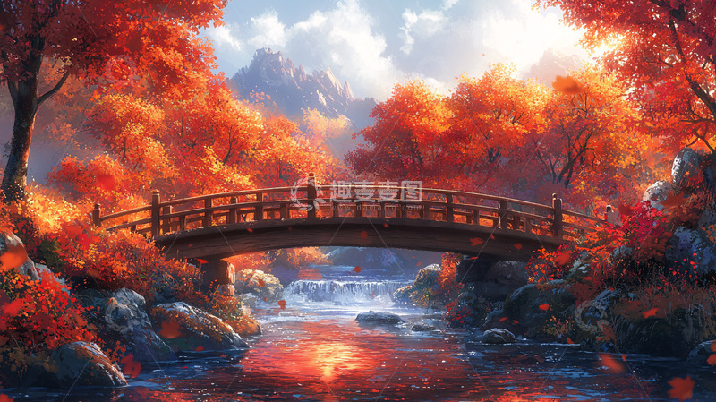 高清大图下载【趣麦麦图】秋日枫叶小桥流水