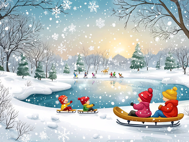 高清大图下载【趣麦麦图】冰雪风景中儿童嬉戏场景