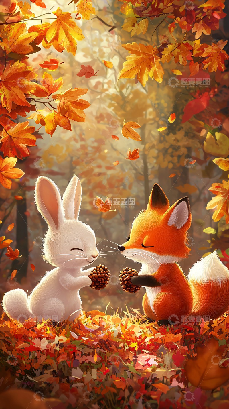 高清大图下载【趣麦麦图】秋天森林兔子狐狸