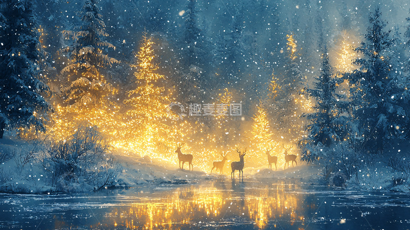 高清大图下载【趣麦麦图】冬日雪景森林鹿群