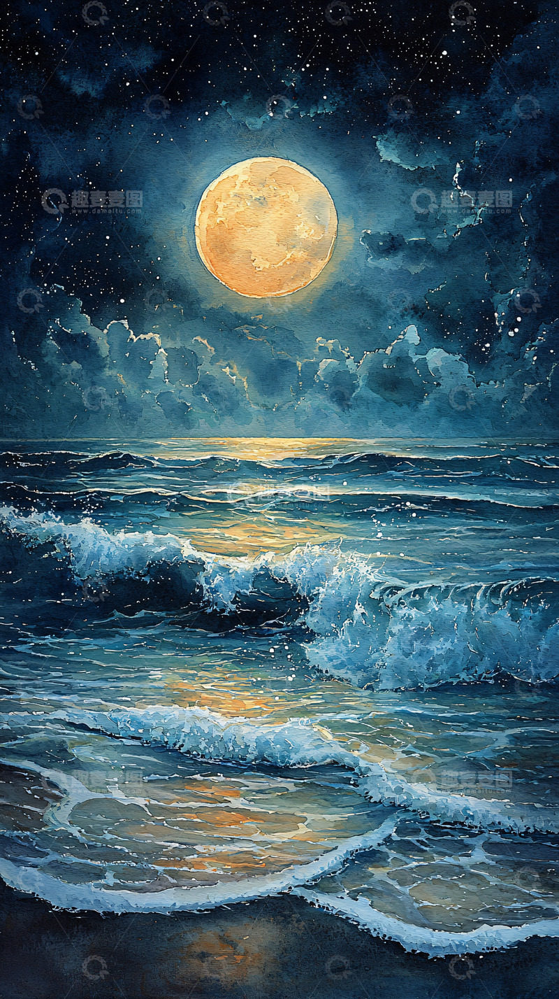 高清大图下载【趣麦麦图】月夜海浪梦幻水彩