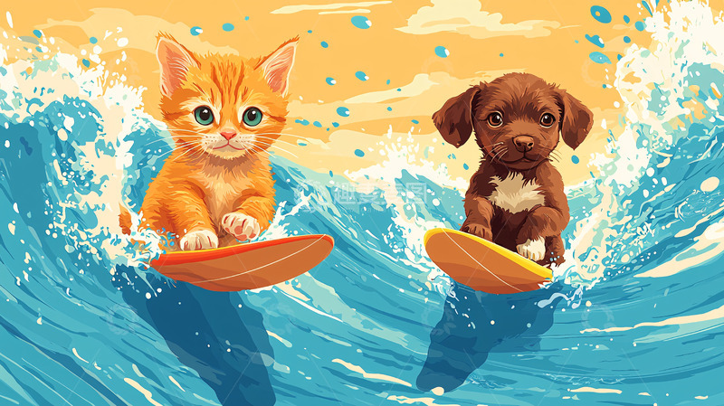 高清大图下载【趣麦麦图】小猫小狗冲浪图
