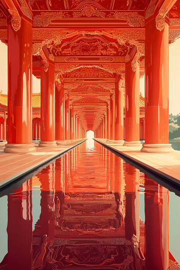 红色中国古典建筑长廊