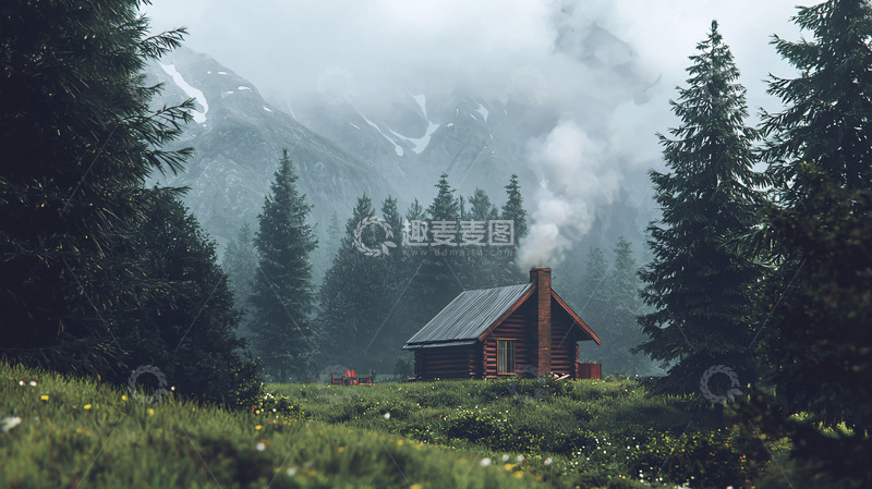 高清大图下载【趣麦麦图】山林小屋雾气缭绕