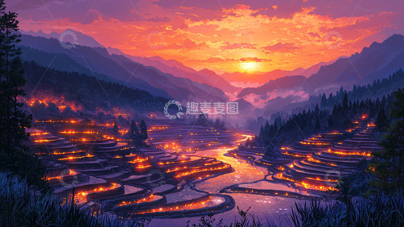 高清大图下载【趣麦麦图】暮色梯田村庄