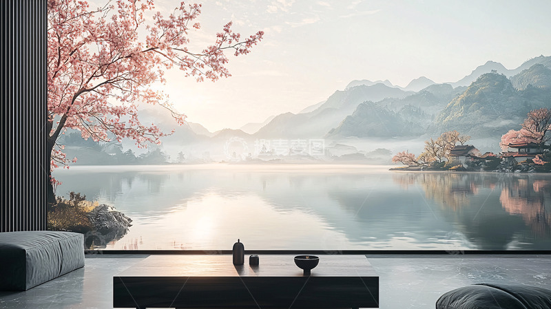 宁静湖景樱花窗外