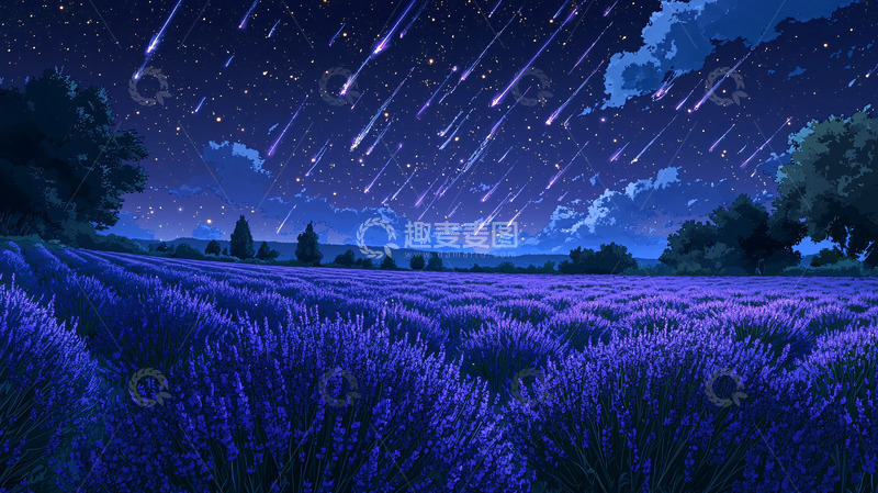 高清大图下载【趣麦麦图】薰衣草花田流星雨夜空