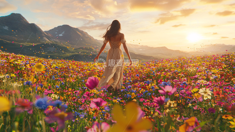高清大图下载【趣麦麦图】夕阳下女人漫步花海