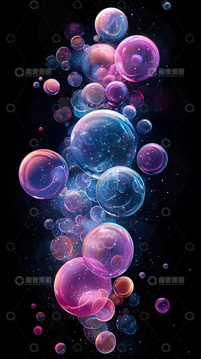 高清大图下载【趣麦麦图】梦幻般的彩色气泡在黑暗背景中
