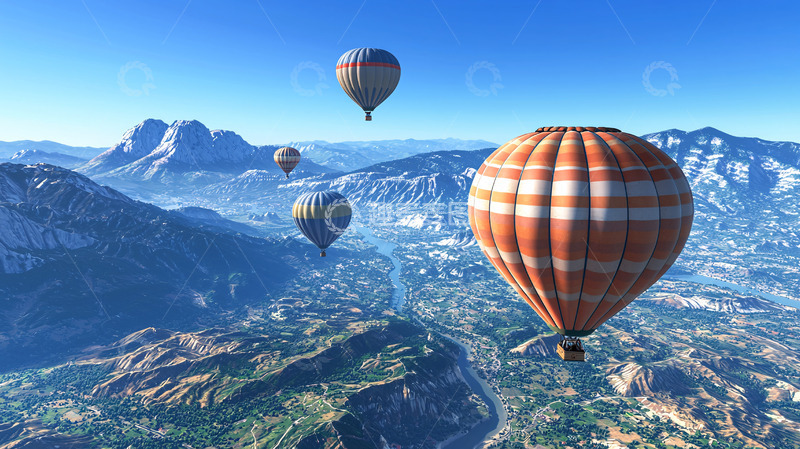 高清大图下载【趣麦麦图】热气球飞跃雪山山谷