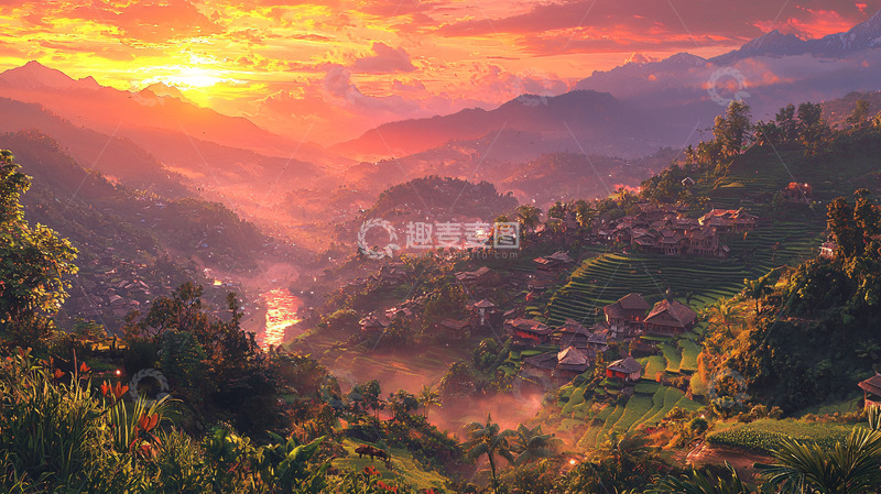 高清大图下载【趣麦麦图】日出山谷小镇