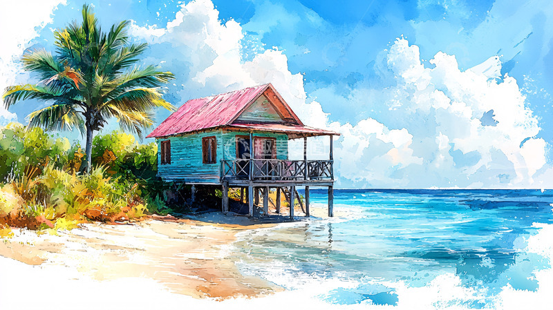 高清大图下载【趣麦麦图】海边小屋水彩画