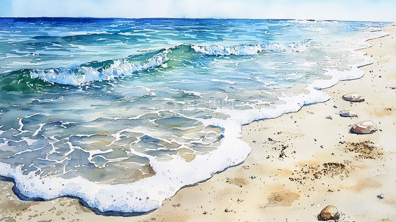 高清大图下载【趣麦麦图】海滩水彩风景画