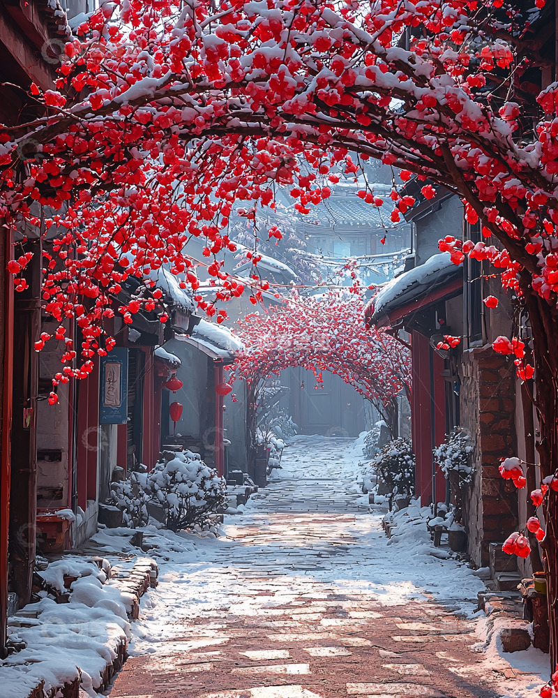 高清大图下载【趣麦麦图】雪中红枝巷道