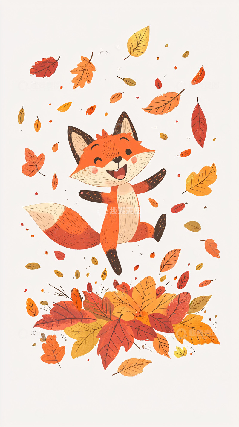 高清大图下载【趣麦麦图】可爱小狐狸跳跃秋叶