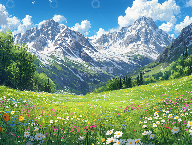 高清大图下载【趣麦麦图】雪山草原风景画