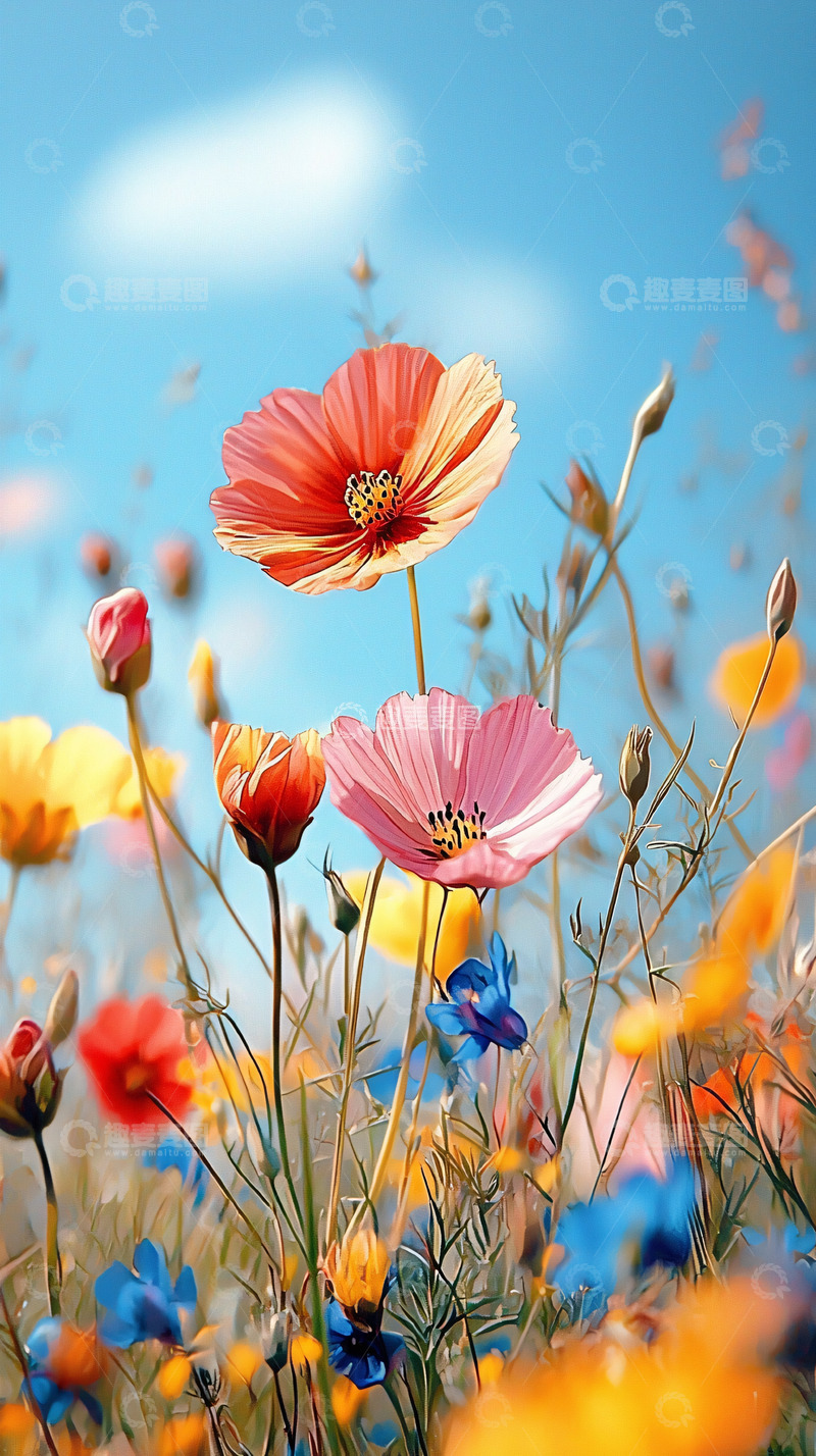 高清大图下载【趣麦麦图】彩色鲜花蓝天背景