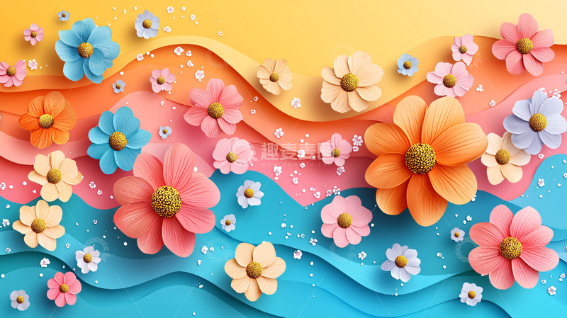 高清大图下载【趣麦麦图】彩色纸艺花朵波浪背景