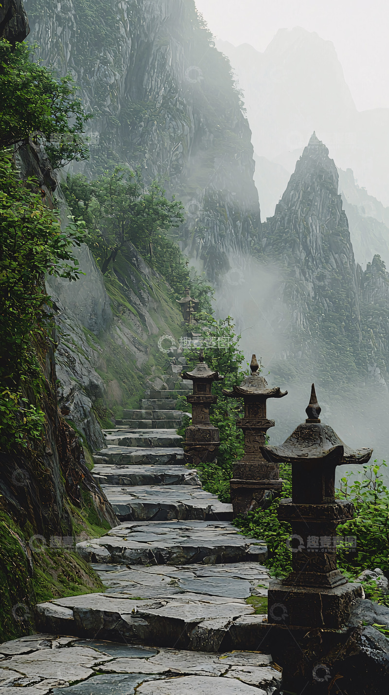 高清大图下载【趣麦麦图】山间石阶雾气缭绕