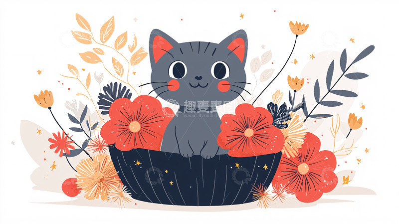 高清大图下载【趣麦麦图】花丛中的可爱小猫