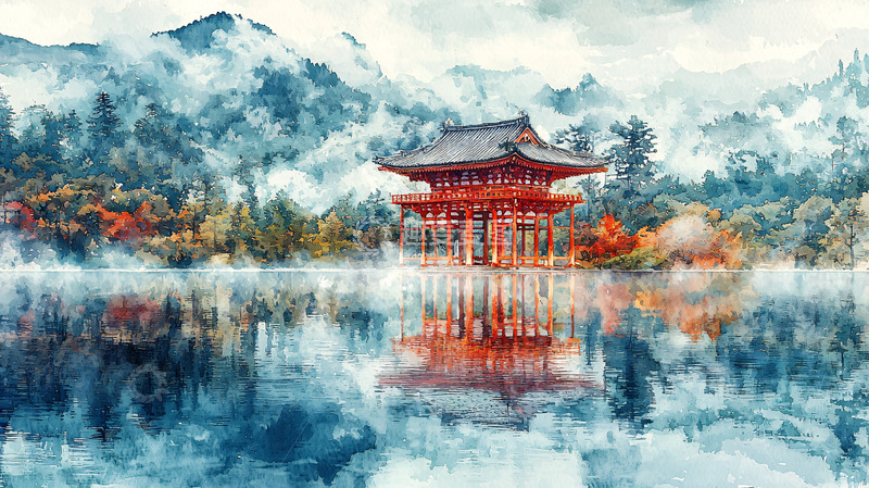 高清大图下载【趣麦麦图】水面倒影的红色日式建筑