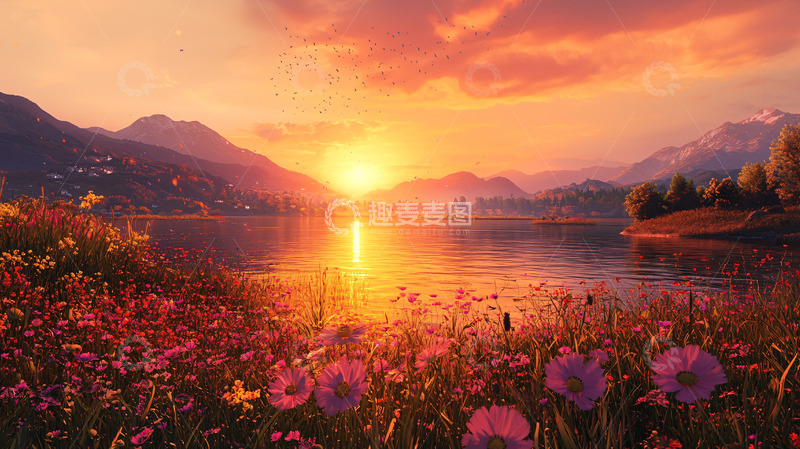 高清大图下载【趣麦麦图】日落湖光山色