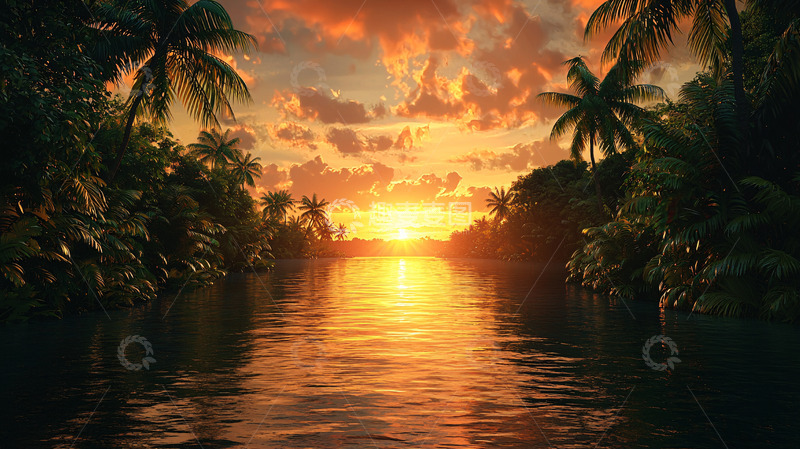 高清大图下载【趣麦麦图】热带夕阳河道椰林