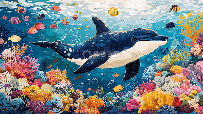 高清大图下载【趣麦麦图】海豚与珊瑚礁