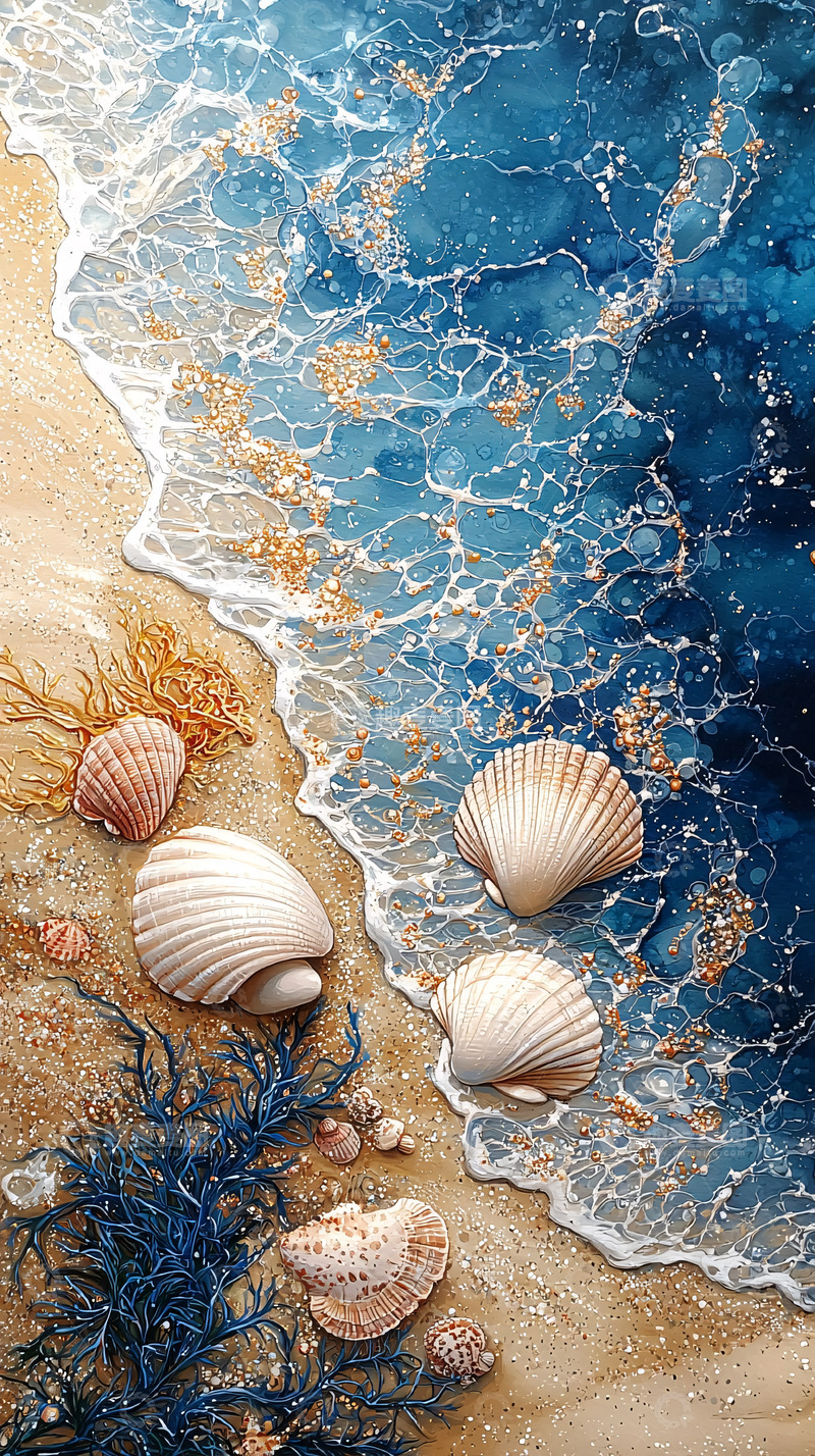 高清大图下载【趣麦麦图】海滩贝壳与蓝色海浪