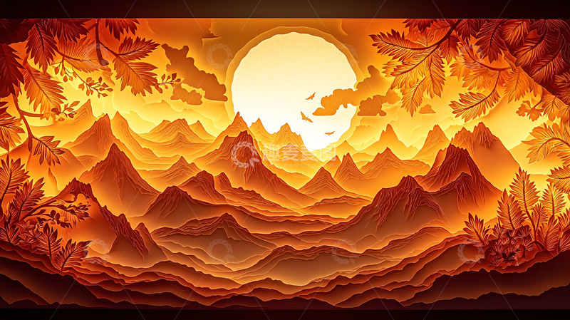 高清大图下载【趣麦麦图】光影剪纸山脉日落