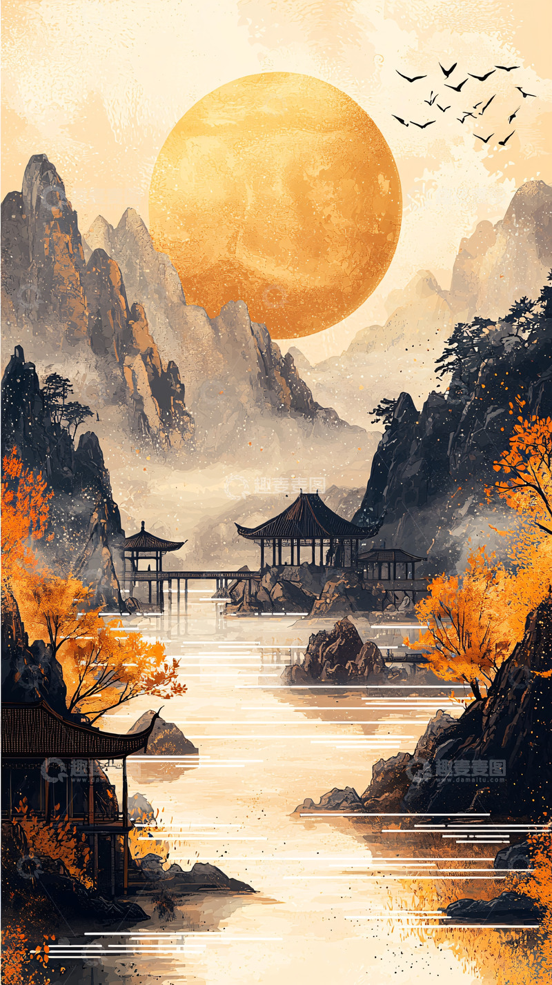 高清大图下载【趣麦麦图】水墨风山水月亮房屋