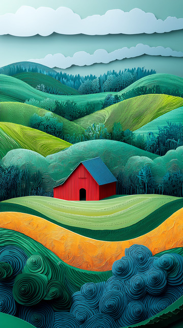 红屋子绿色丘陵剪纸画