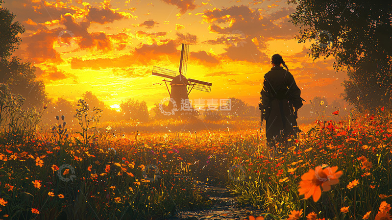 高清大图下载【趣麦麦图】落日余晖下的风车与身影
