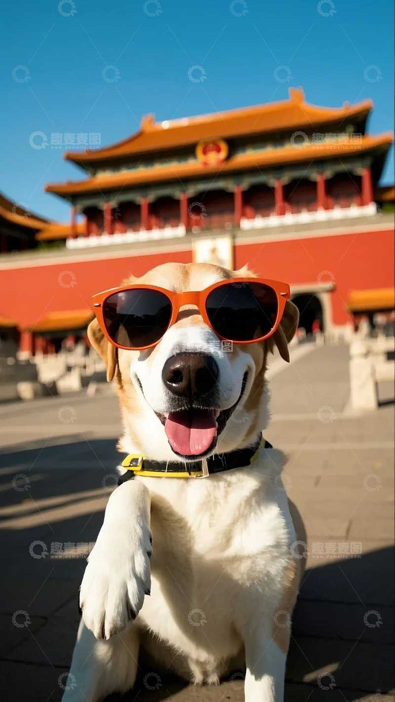 高清大图下载【趣麦麦图】故宫旅游墨镜小狗摄影图