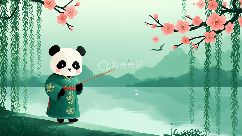 高清大图下载【趣麦麦图】绿色竹子国潮风熊猫插画背景1