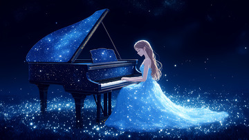 浪漫星空下弹琴的女孩卡通插画背景