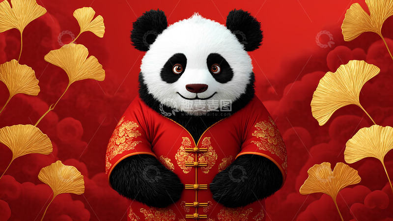 高清大图下载【趣麦麦图】红色国潮风熊猫插画背景1