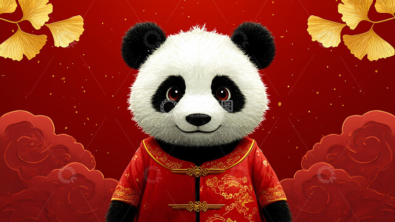 高清大图下载【趣麦麦图】红色国潮风熊猫插画背景