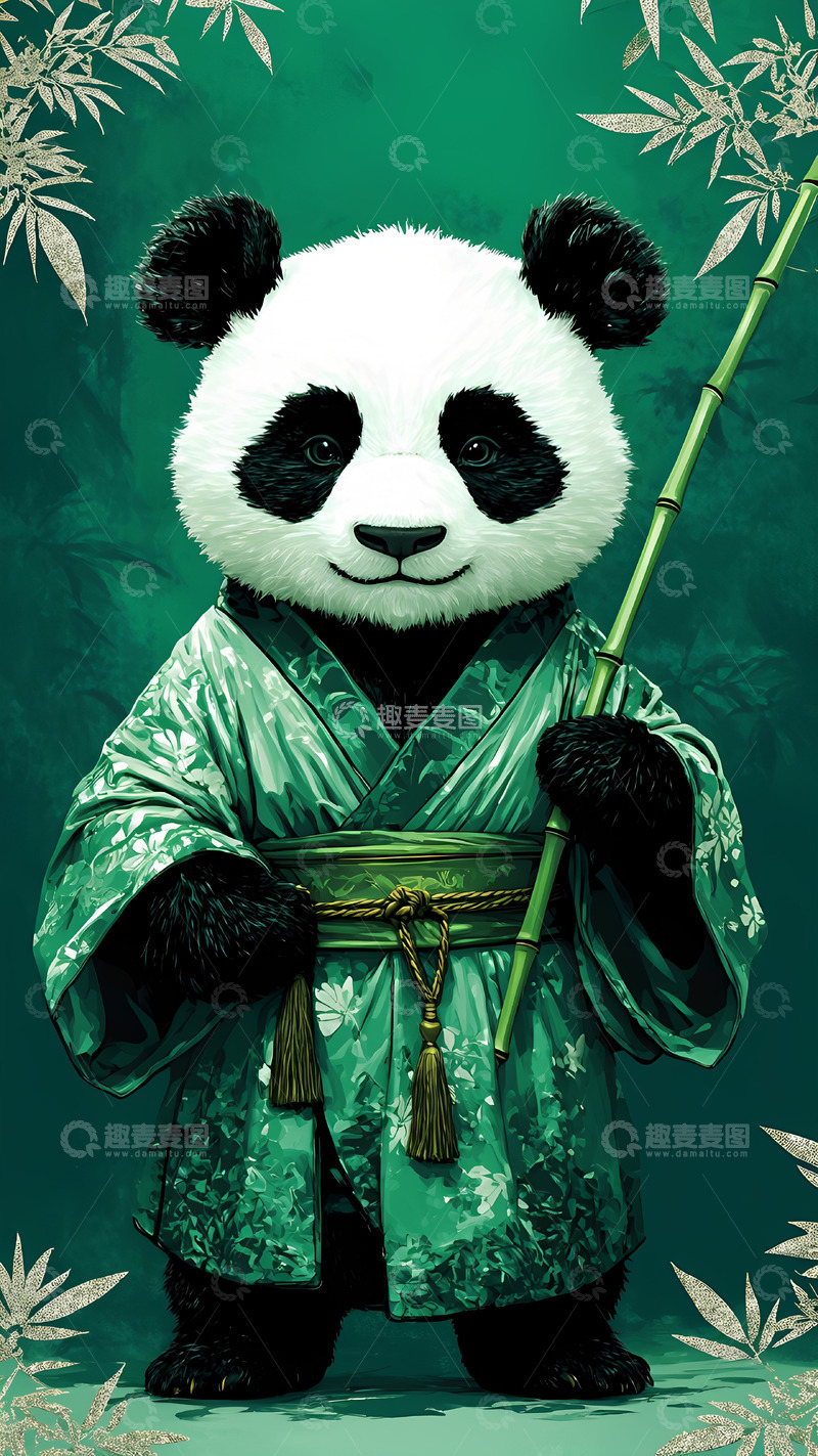 高清大图下载【趣麦麦图】绿色竹子国潮风熊猫插画背景