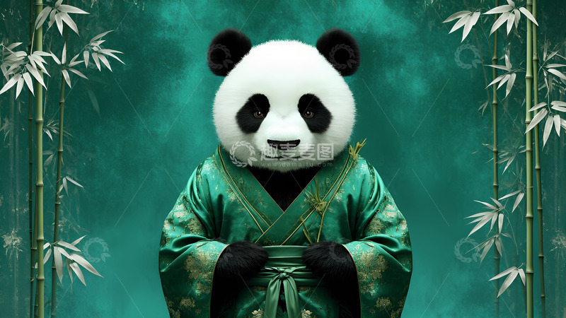 高清大图下载【趣麦麦图】绿色竹子国潮风熊猫插画背景2