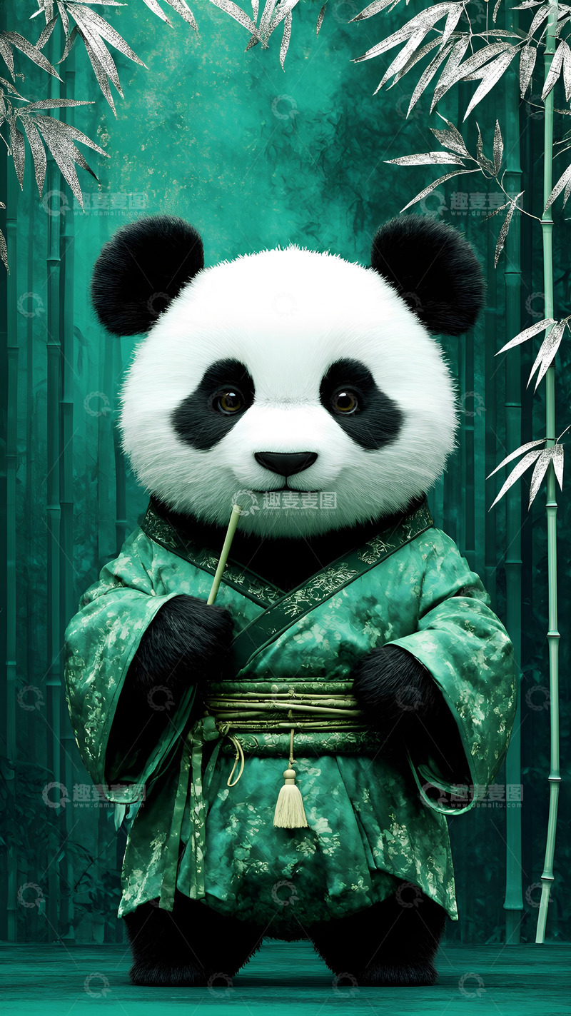 高清大图下载【趣麦麦图】绿色竹子国潮风熊猫插画背景3