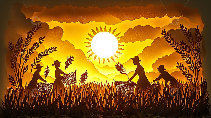 高清大图下载【趣麦麦图】夕阳下收割麦子的剪影